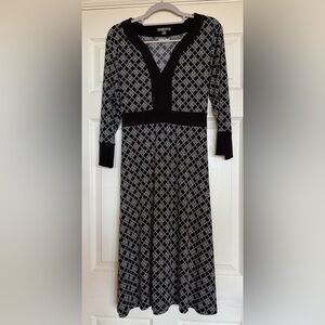 apt. 9 women’s 3/4 sleeve midi neck dress black grey geo print size L 12/14